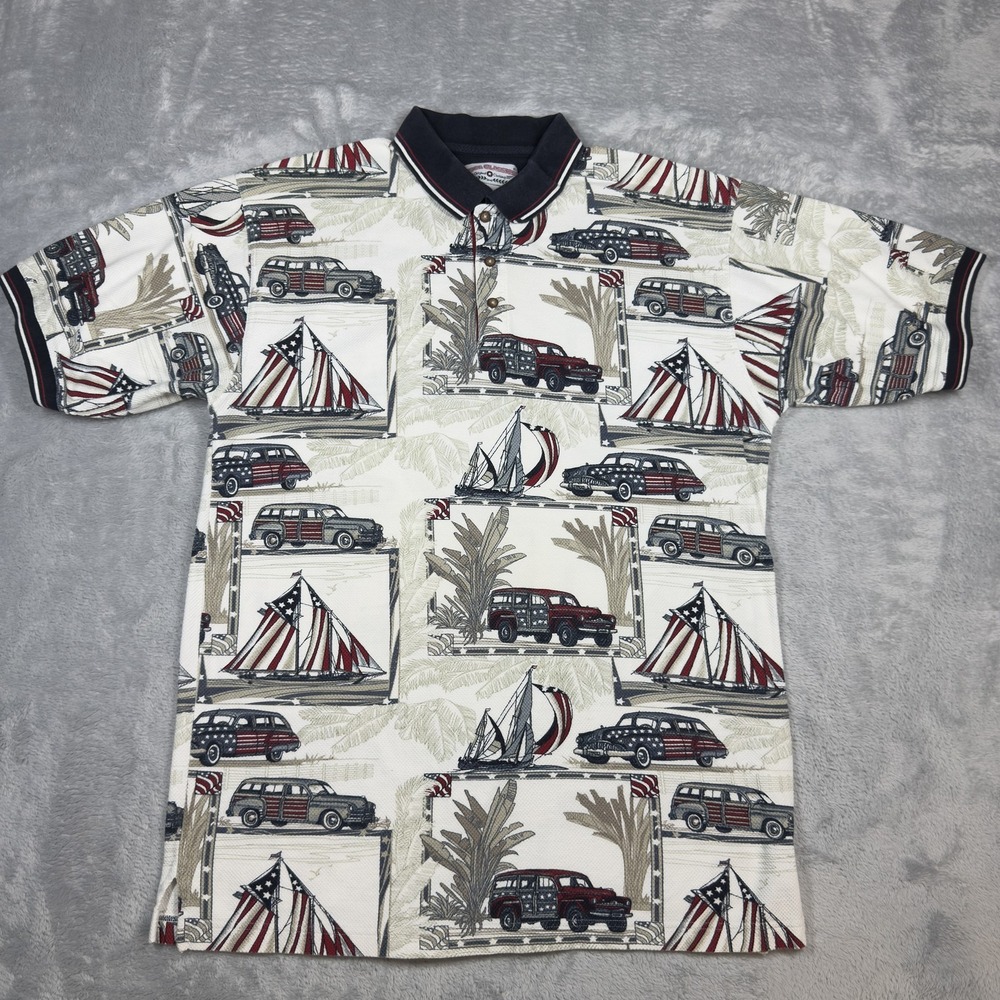Boca Classics Polo Shirt Mens Large Nautical Cars Sailboats‎ American Flag USA